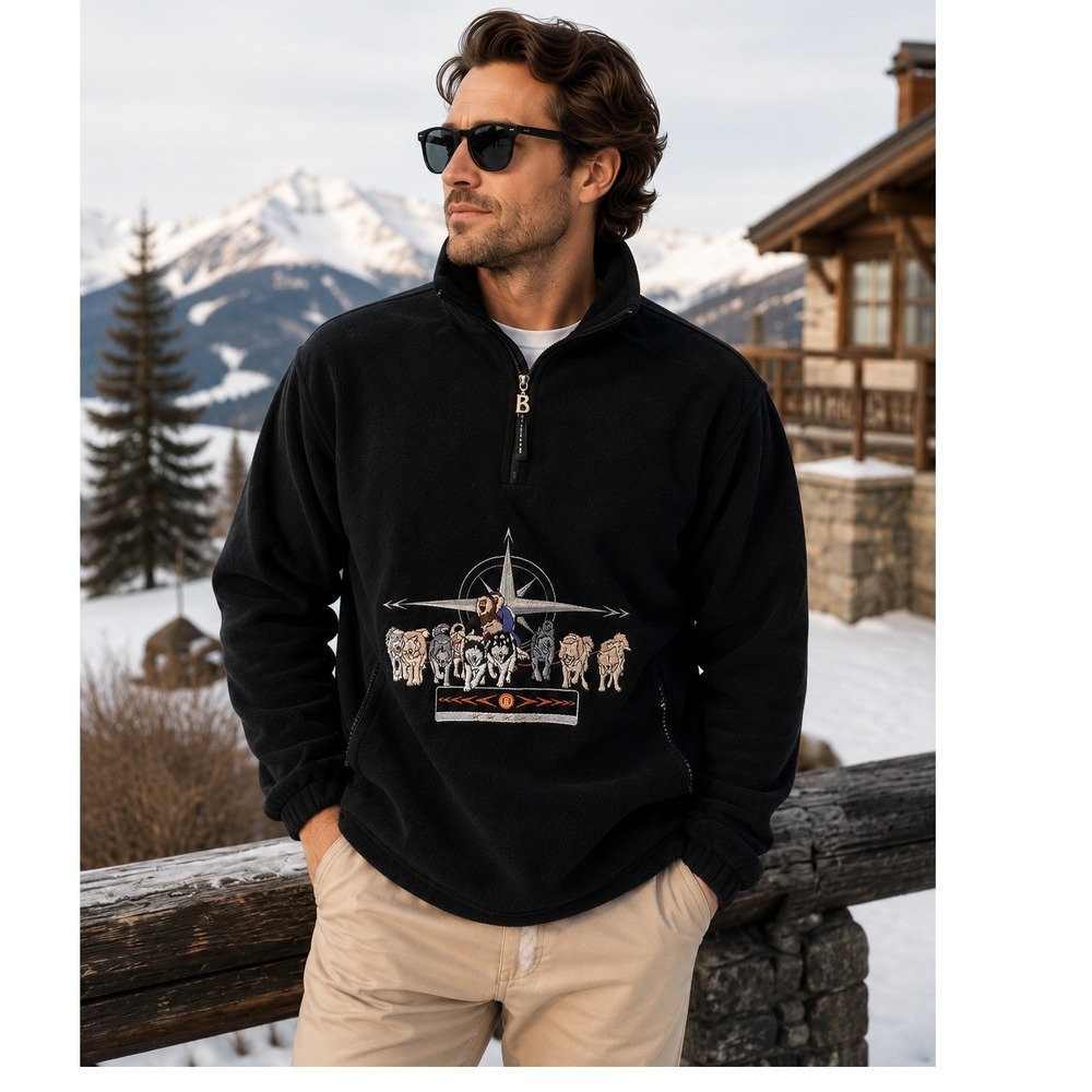 Bogner Fleece Pullover Mens L Black 1/4 Zip Embroidered Husky Dog Sled USA